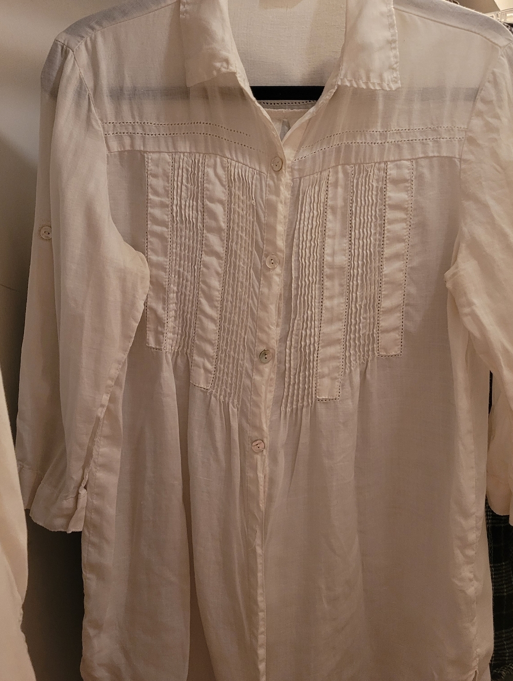 Catwalk Studio Women's M White Pintuck Button-Up Blouse 100% Ramie Cotton